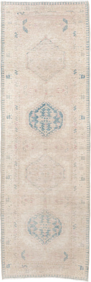3' x 10' one-of-a-kind handmade antique Sarab runner rug. Color palette: ivory, pale blue, blush, beige, taupe, light blue