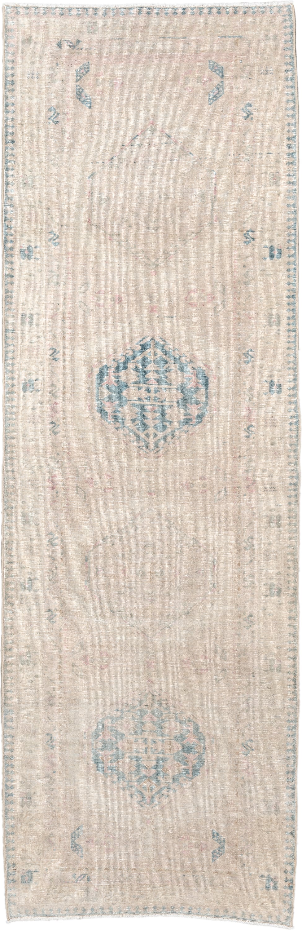 3' x 10' one-of-a-kind handmade antique Sarab runner rug. Color palette: ivory, pale blue, blush, beige, taupe, light blue