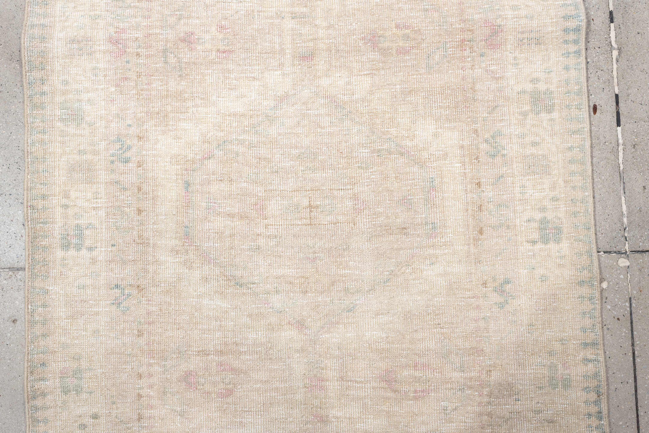 3' x 10' one-of-a-kind handmade antique Sarab runner rug. Color palette: ivory, pale blue, blush, beige, taupe, light blue