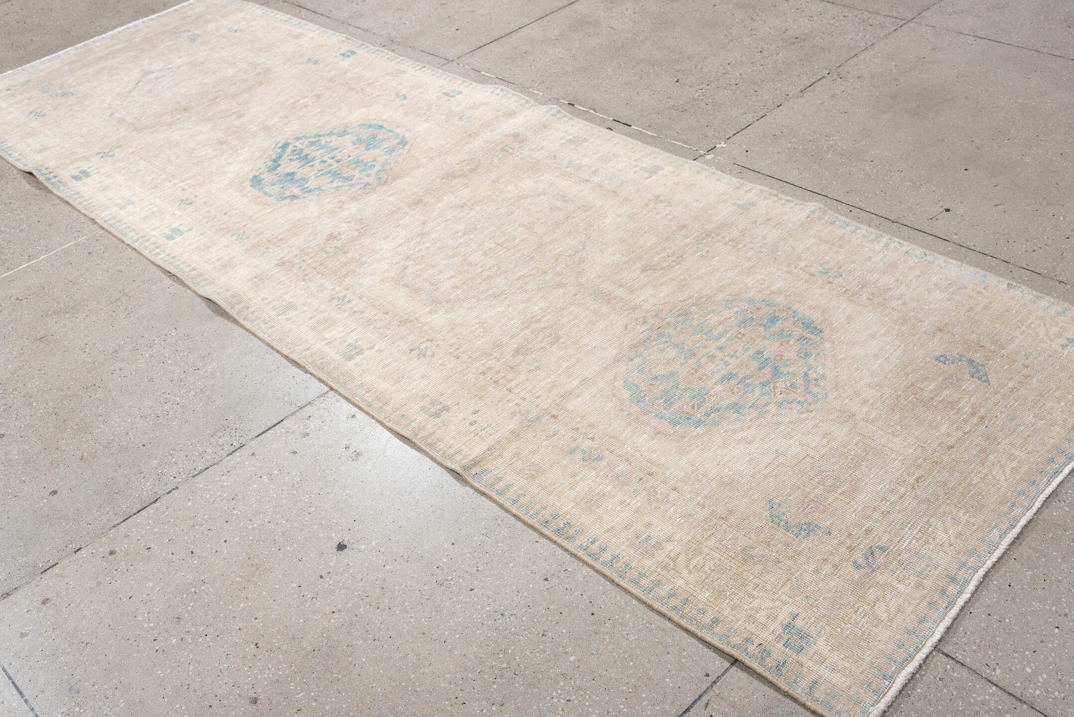 3' x 10' one-of-a-kind handmade antique Sarab runner rug. Color palette: ivory, pale blue, blush, beige, taupe, light blue