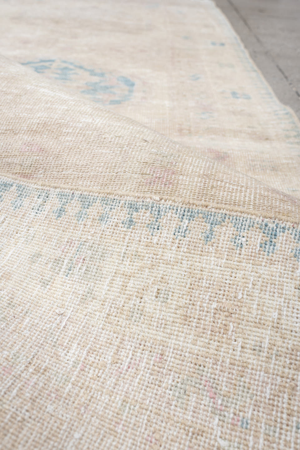 3' x 10' one-of-a-kind handmade antique Sarab runner rug. Color palette: ivory, pale blue, blush, beige, taupe, light blue