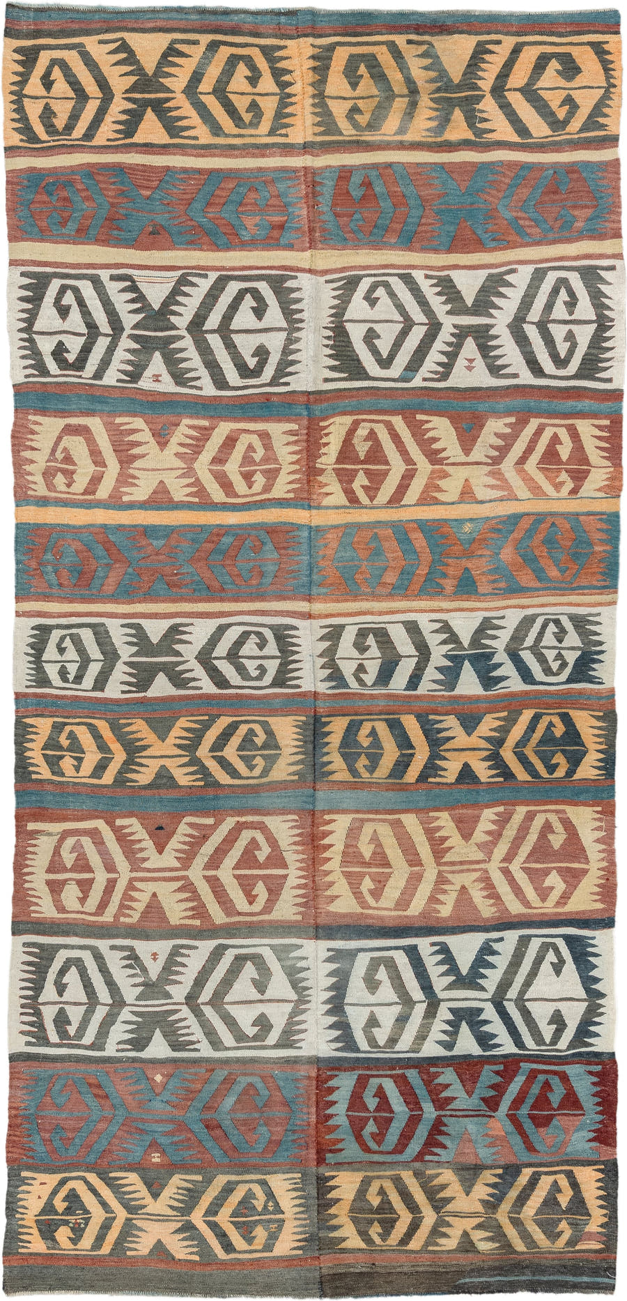 5' x 12' one-of-a-kind handmade antique Kilim large size rug. Color palette: camel, ivory, teal, rust, charcoal, terra cotta