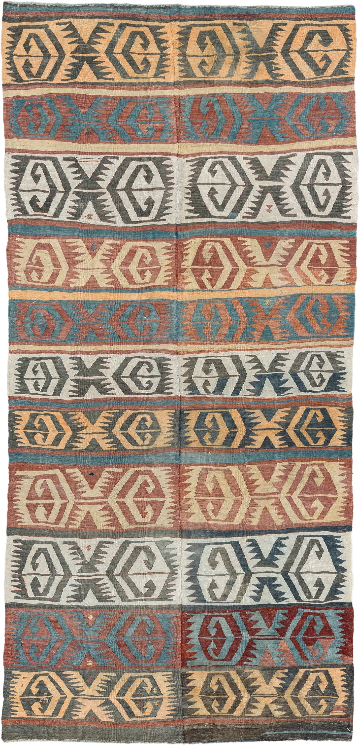5' x 12' one-of-a-kind handmade antique Kilim large size rug. Color palette: camel, ivory, teal, rust, charcoal, terra cotta