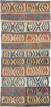 5' x 12' one-of-a-kind handmade antique Kilim large size rug. Color palette: camel, ivory, teal, rust, charcoal, terra cotta