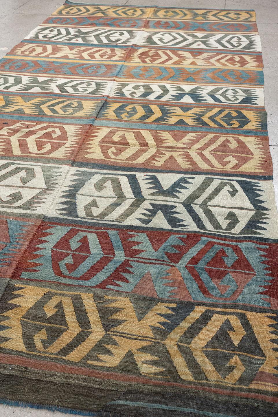 5' x 12' one-of-a-kind handmade antique Kilim large size rug. Color palette: camel, ivory, teal, rust, charcoal, terra cotta