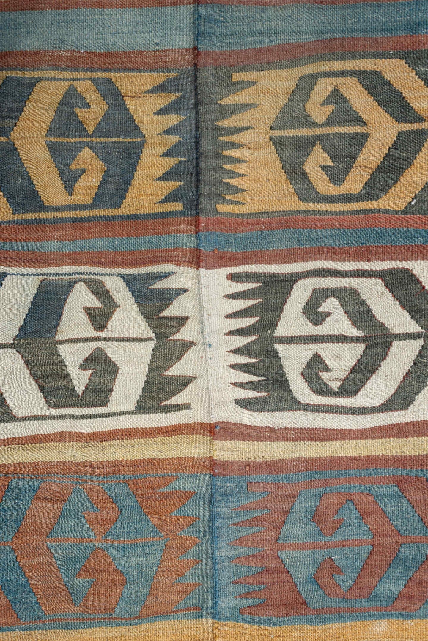 5' x 12' one-of-a-kind handmade antique Kilim large size rug. Color palette: camel, ivory, teal, rust, charcoal, terra cotta