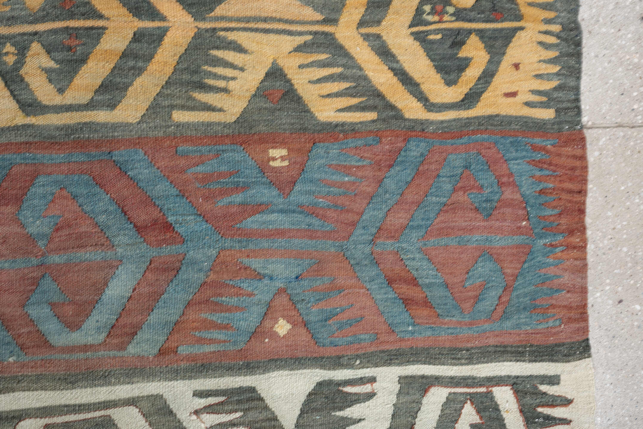 5' x 12' one-of-a-kind handmade antique Kilim large size rug. Color palette: camel, ivory, teal, rust, charcoal, terra cotta