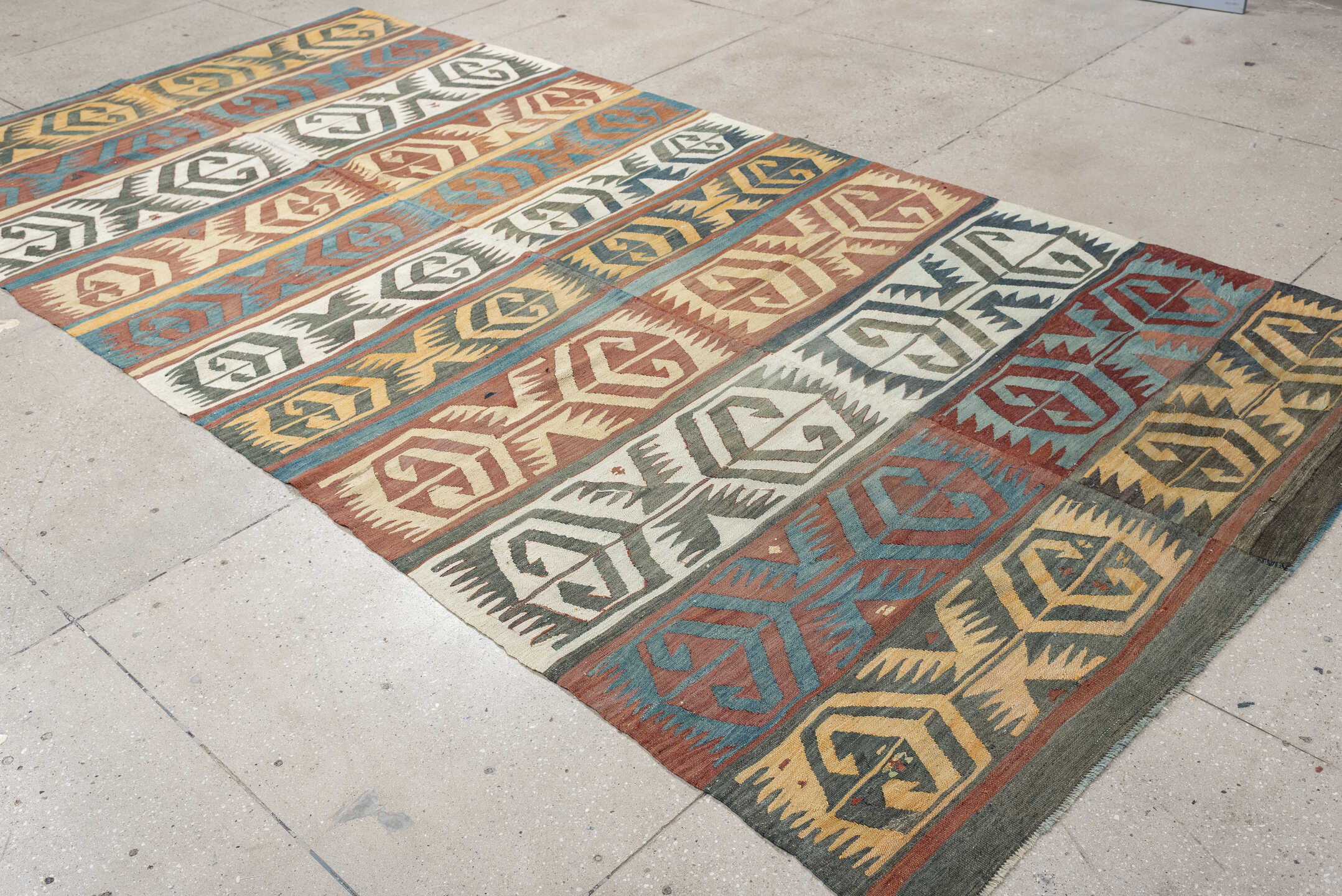 5' x 12' one-of-a-kind handmade antique Kilim large size rug. Color palette: camel, ivory, teal, rust, charcoal, terra cotta