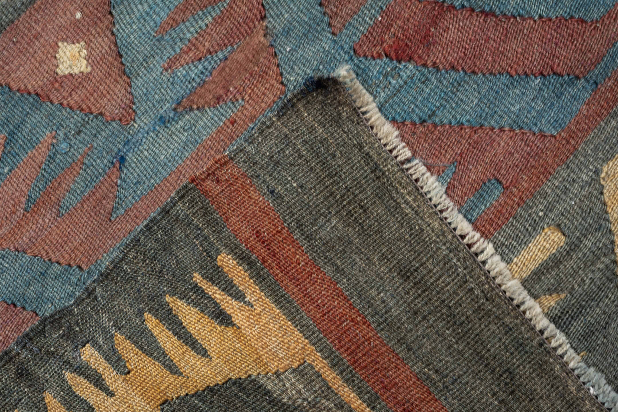 5' x 12' one-of-a-kind handmade antique Kilim large size rug. Color palette: camel, ivory, teal, rust, charcoal, terra cotta