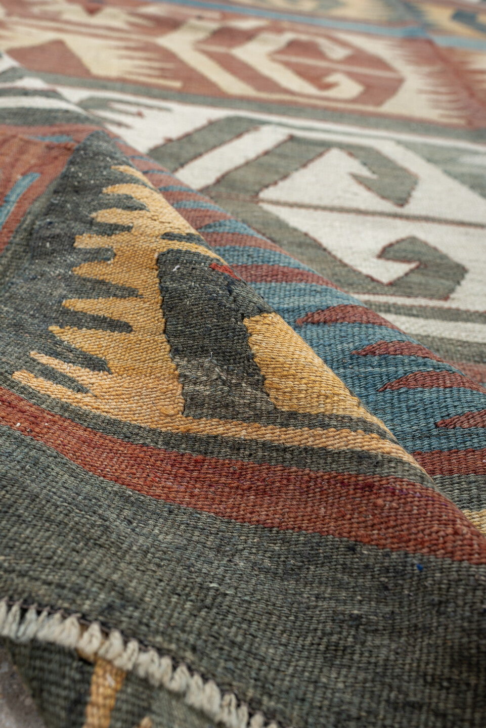 5' x 12' one-of-a-kind handmade antique Kilim large size rug. Color palette: camel, ivory, teal, rust, charcoal, terra cotta