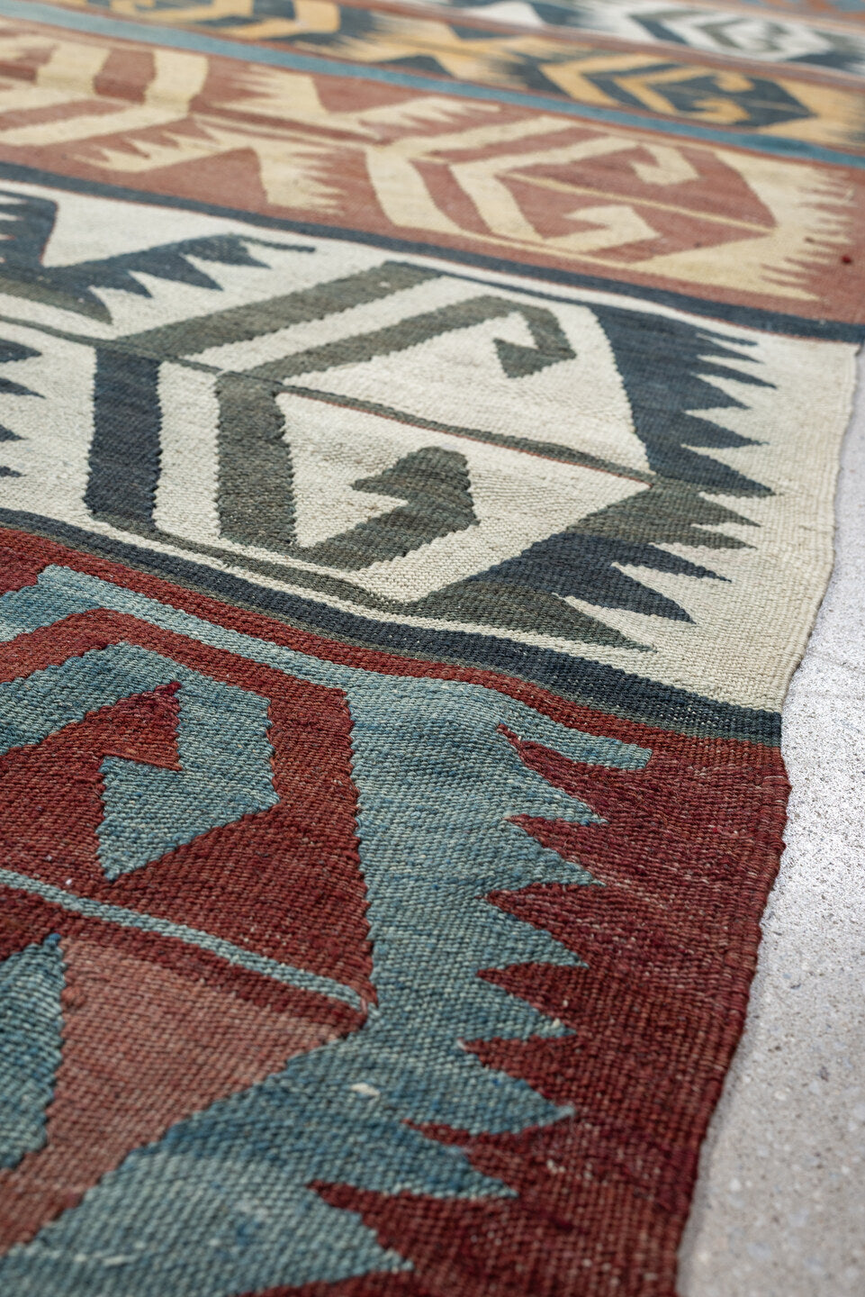 5' x 12' one-of-a-kind handmade antique Kilim large size rug. Color palette: camel, ivory, teal, rust, charcoal, terra cotta