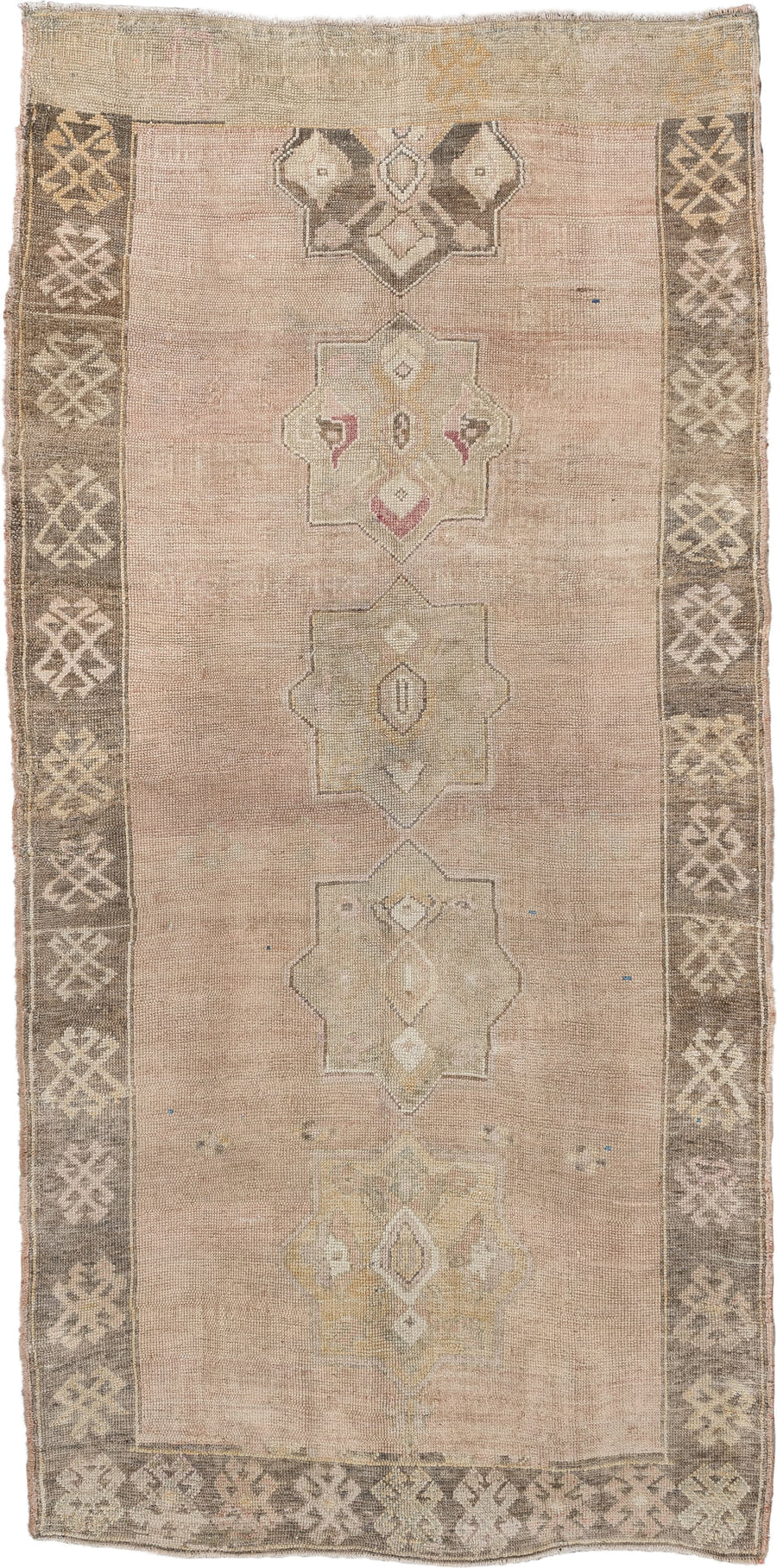 4' x 8' one-of-a-kind handmade antique Kars runner rug. Color palette: blush beige, taupe, ivory, sage, rose, brown, sand
