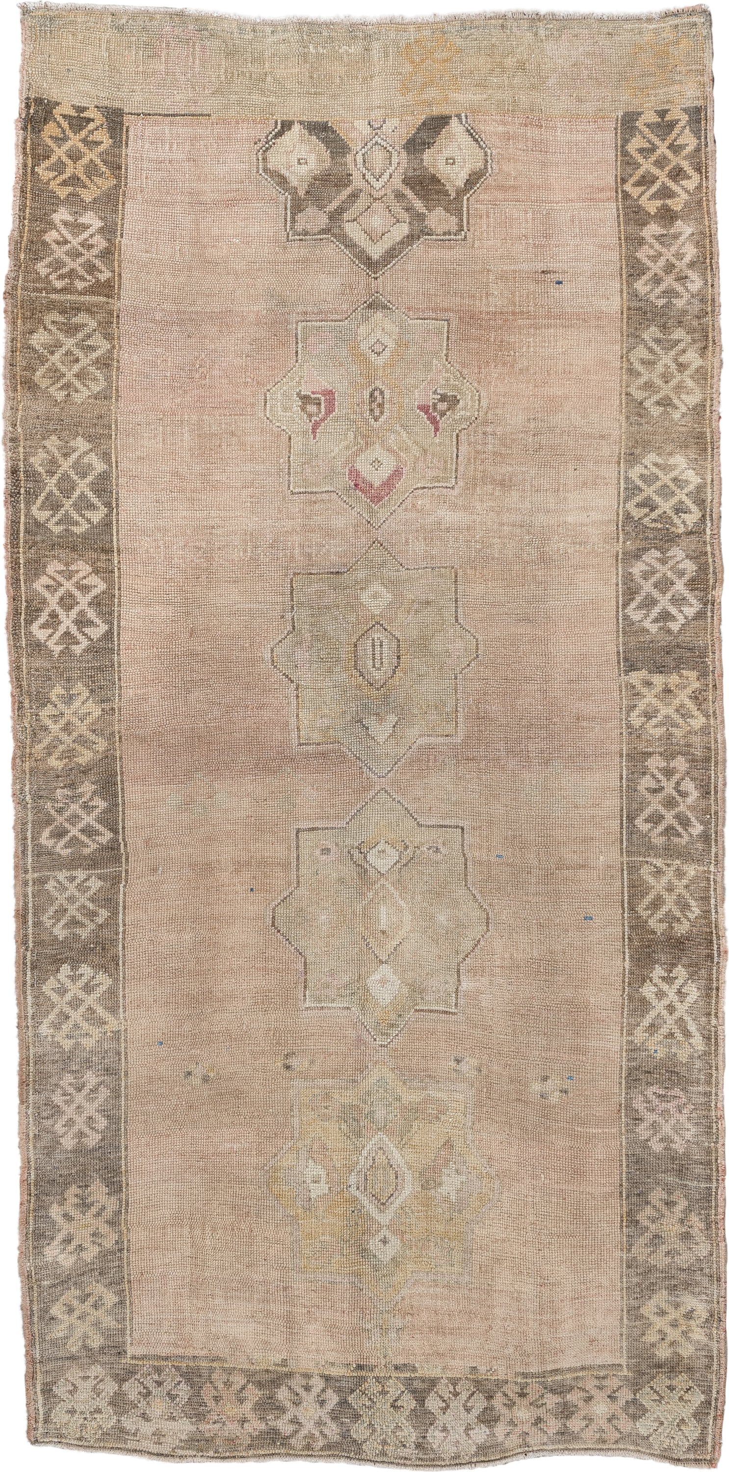 4' x 8' one-of-a-kind handmade antique Kars runner rug. Color palette: blush beige, taupe, ivory, sage, rose, brown, sand