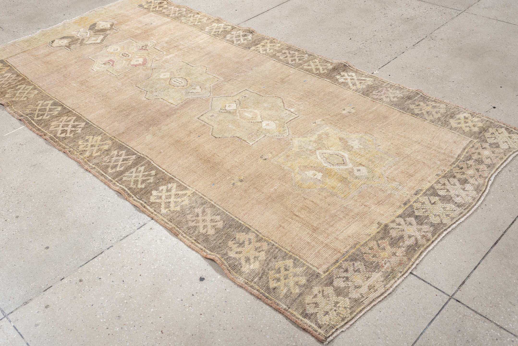 4' x 8' one-of-a-kind handmade antique Kars runner rug. Color palette: blush beige, taupe, ivory, sage, rose, brown, sand