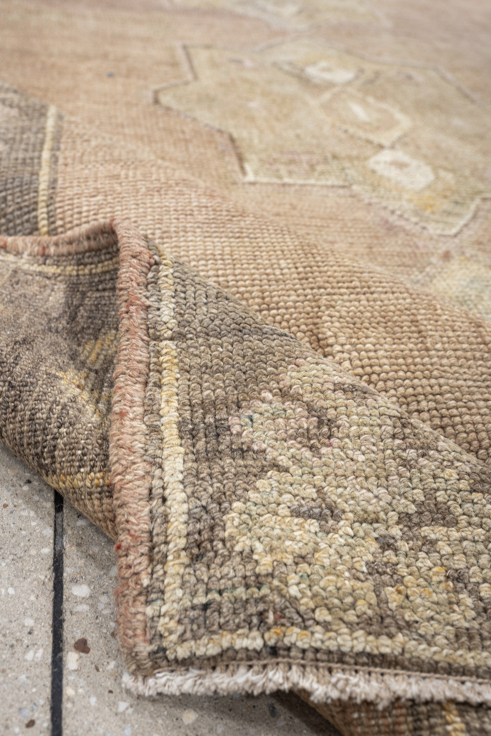 4' x 8' one-of-a-kind handmade antique Kars runner rug. Color palette: blush beige, taupe, ivory, sage, rose, brown, sand