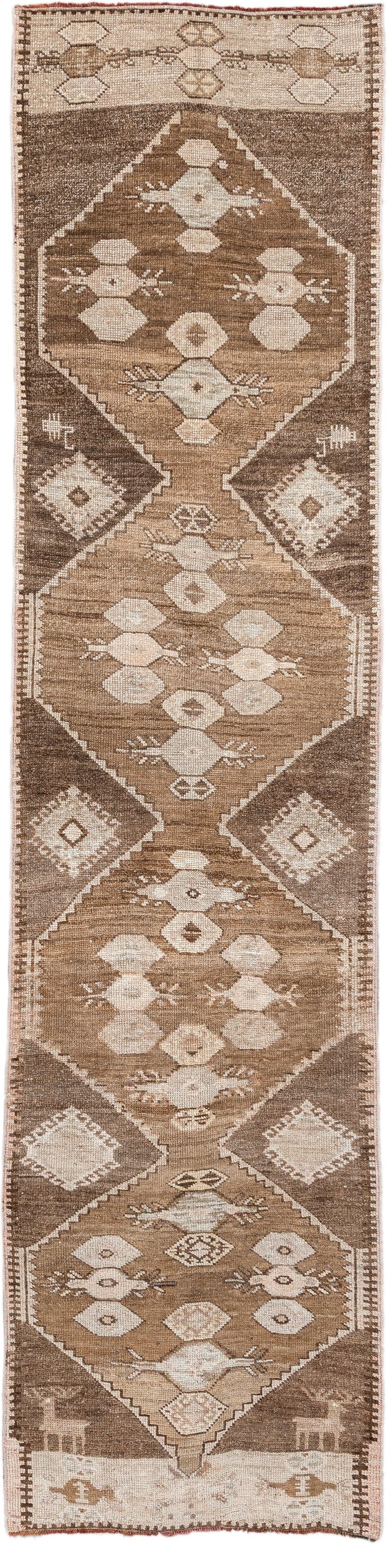 2' x 10' one-of-a-kind handmade antique Kars runner rug. Color palette: taupe, camel, brown, ivory, cream, beige, gray