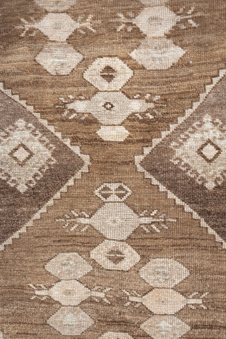 2' x 10' one-of-a-kind handmade antique Kars runner rug. Color palette: taupe, camel, brown, ivory, cream, beige, gray