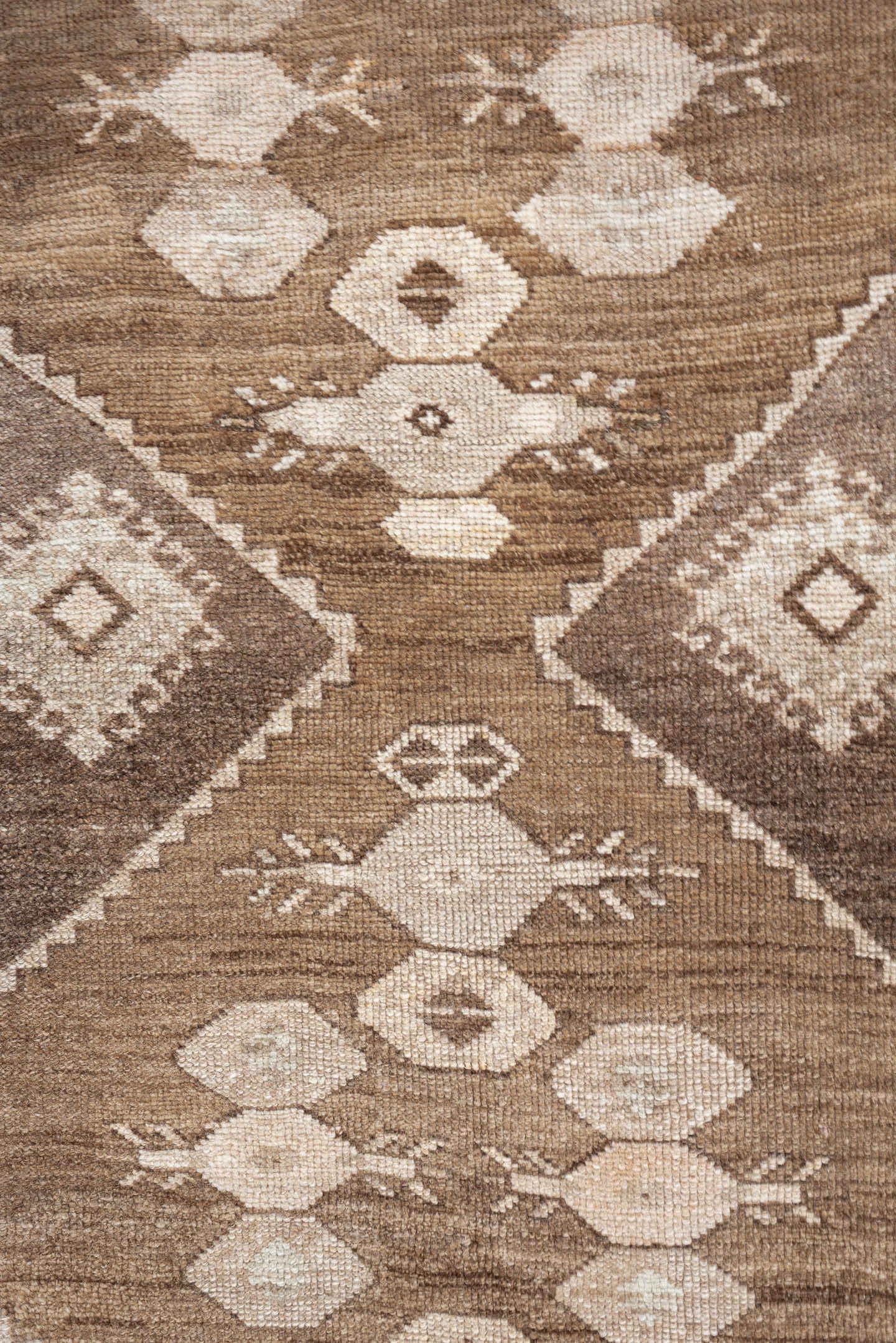 2' x 10' one-of-a-kind handmade antique Kars runner rug. Color palette: taupe, camel, brown, ivory, cream, beige, gray
