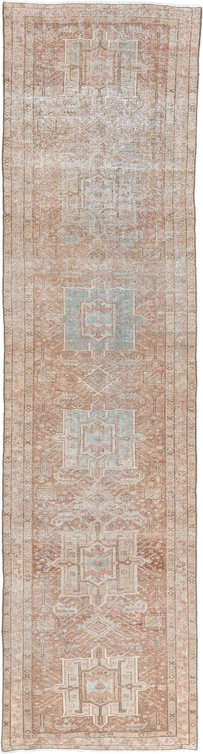 3' x 12' one-of-a-kind handmade vintage Heriz runner rug. Color palette: blush, ivory, pale blue, taupe, camel, pink