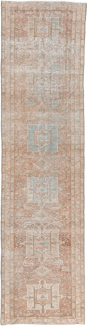3' x 12' one-of-a-kind handmade vintage Heriz runner rug. Color palette: blush, ivory, pale blue, taupe, camel, pink