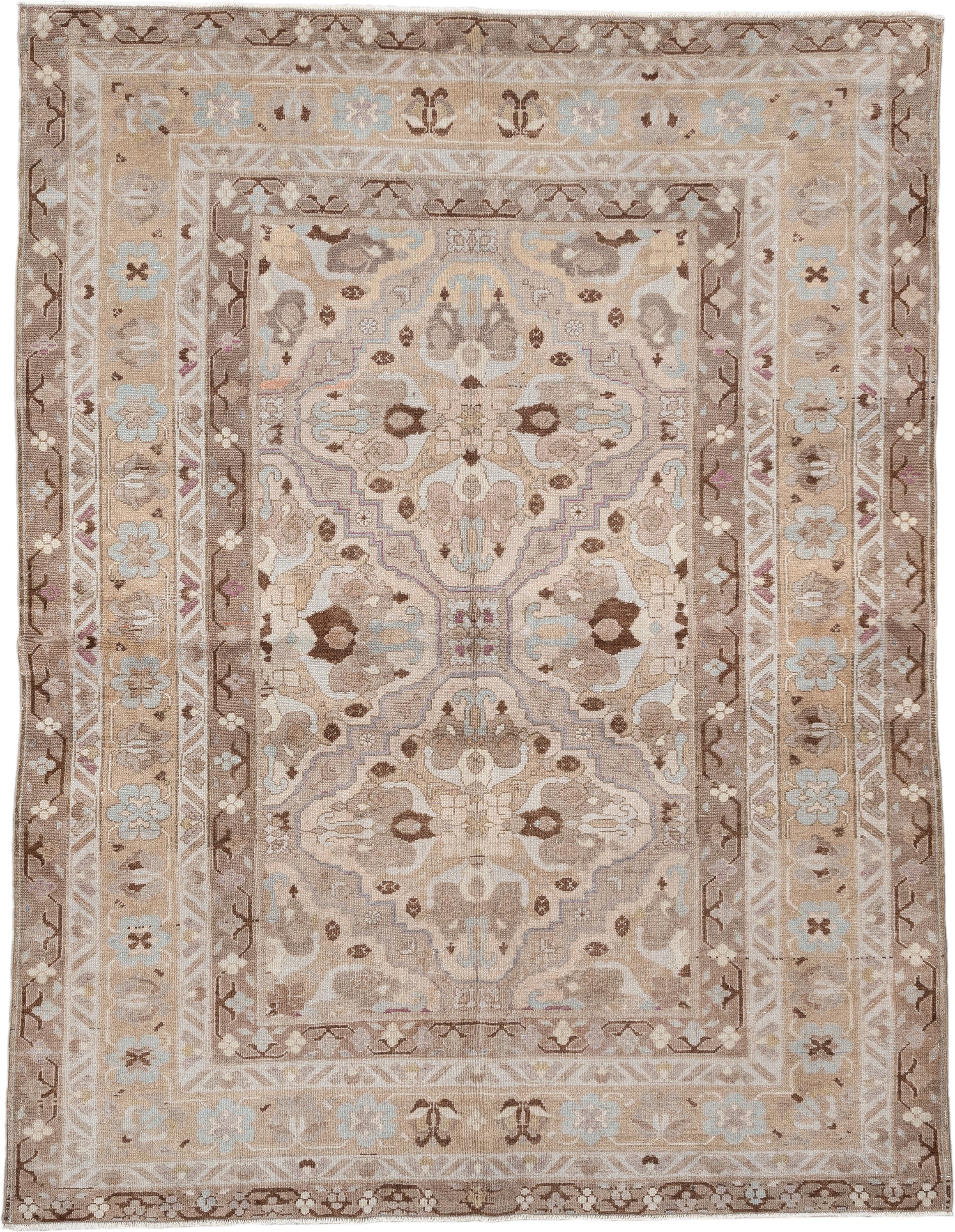 4' x 6' one-of-a-kind handmade antique Sivas rug. Color palette: ivory, taupe, camel, pale blue, soft brown, beige, lavender