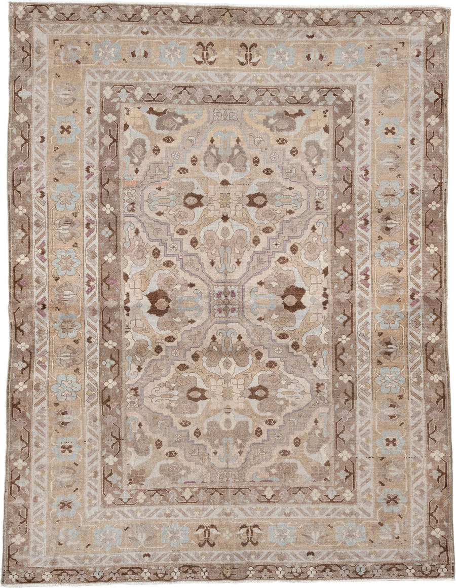 4' x 6' one-of-a-kind handmade antique Sivas rug. Color palette: ivory, taupe, camel, pale blue, soft brown, beige, lavender