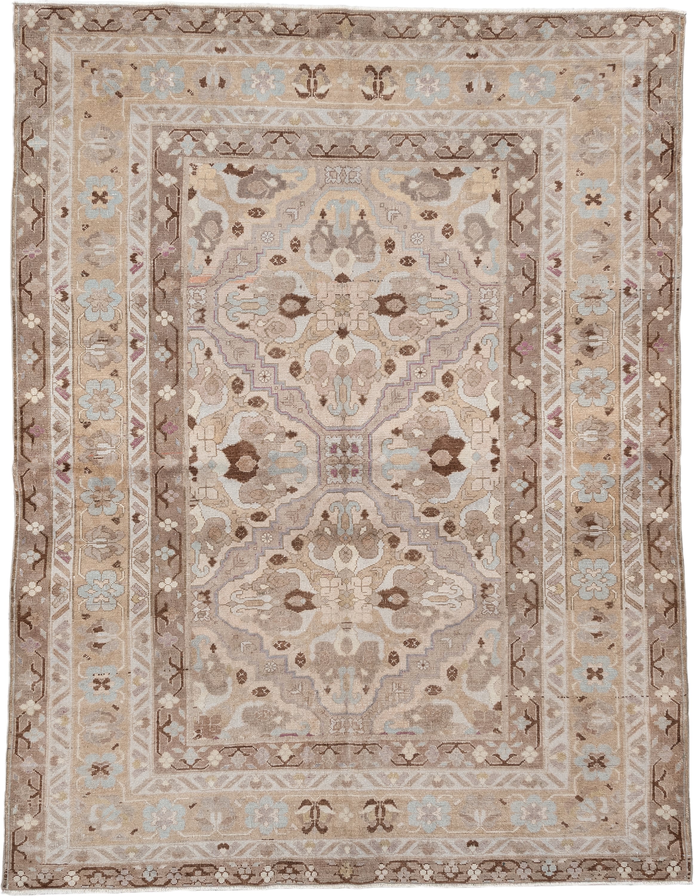 4' x 6' one-of-a-kind handmade antique Sivas rug. Color palette: ivory, taupe, camel, pale blue, soft brown, beige, lavender