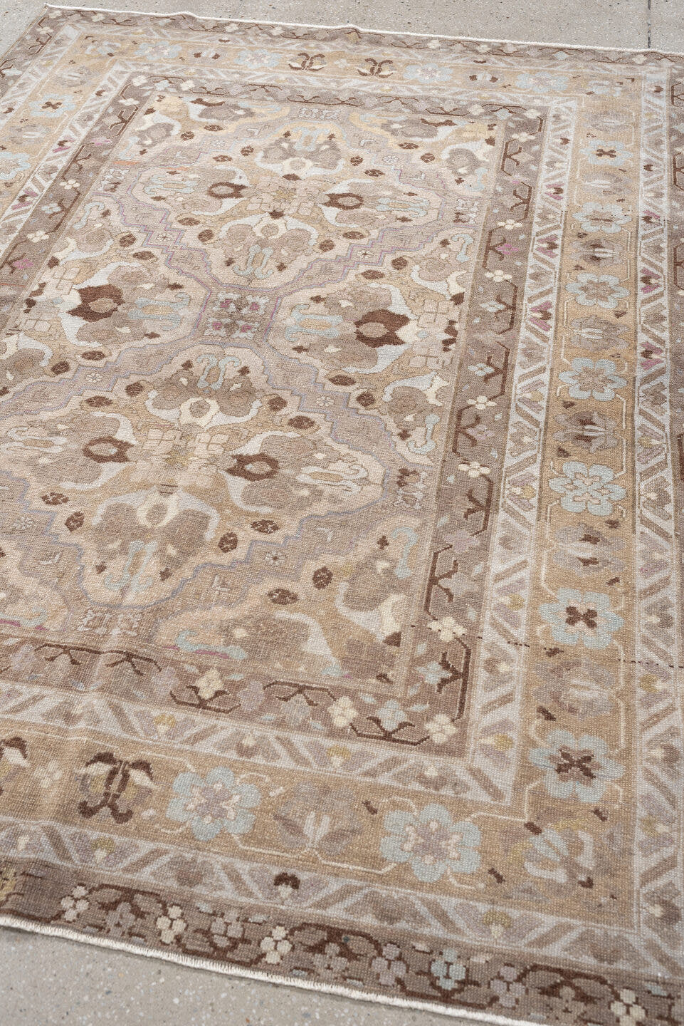 4' x 6' one-of-a-kind handmade antique Sivas rug. Color palette: ivory, taupe, camel, pale blue, soft brown, beige, lavender