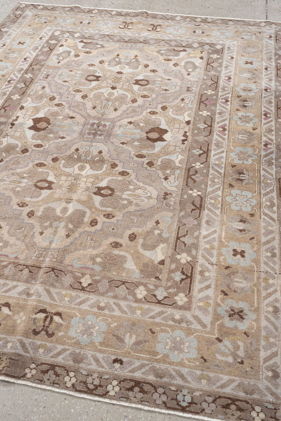 4' x 6' one-of-a-kind handmade antique Sivas rug. Color palette: ivory, taupe, camel, pale blue, soft brown, beige, lavender