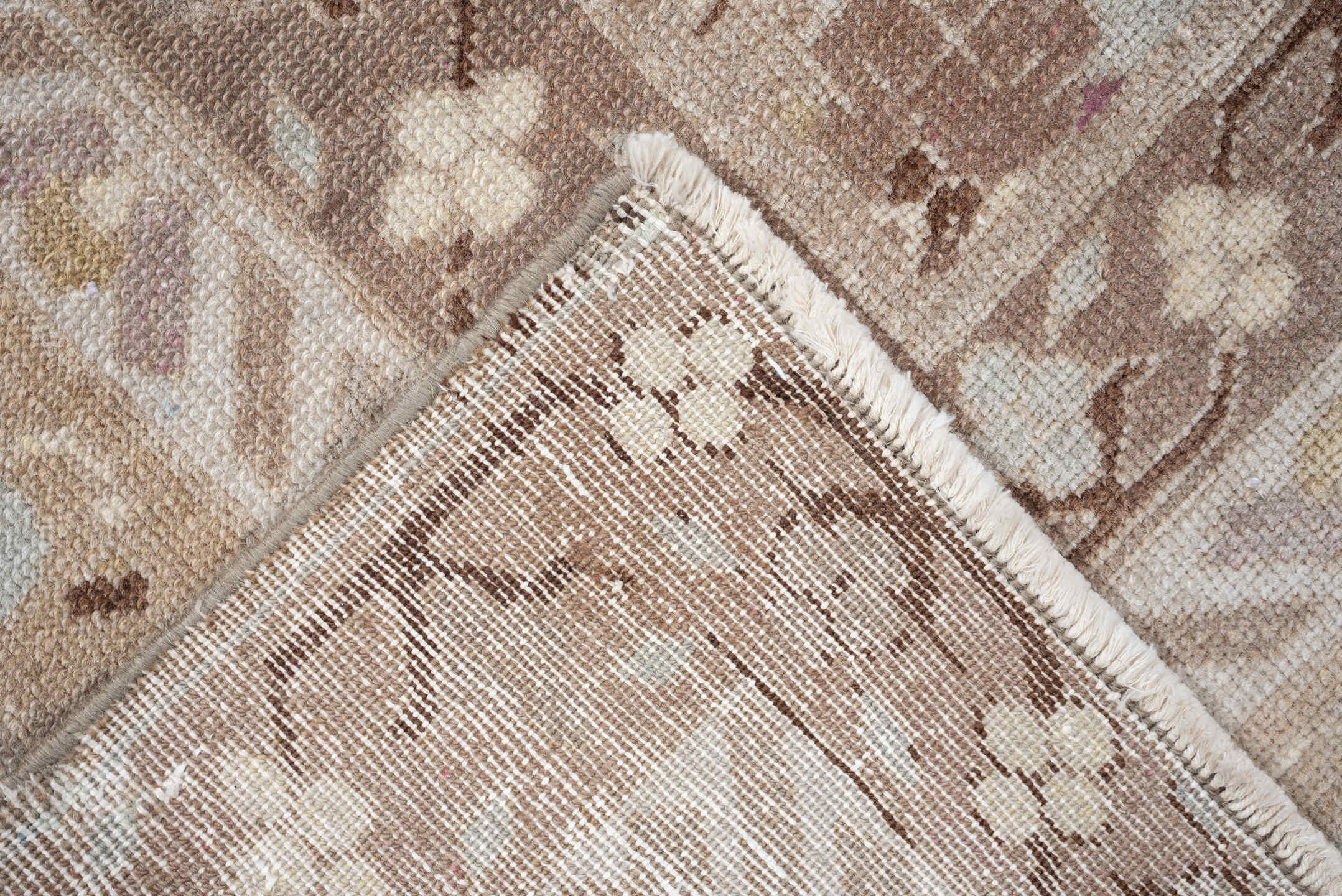 4' x 6' one-of-a-kind handmade antique Sivas rug. Color palette: ivory, taupe, camel, pale blue, soft brown, beige, lavender