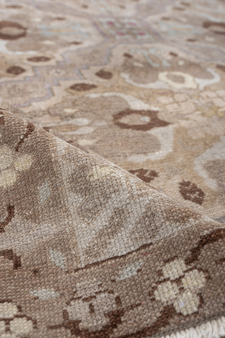 4' x 6' one-of-a-kind handmade antique Sivas rug. Color palette: ivory, taupe, camel, pale blue, soft brown, beige, lavender