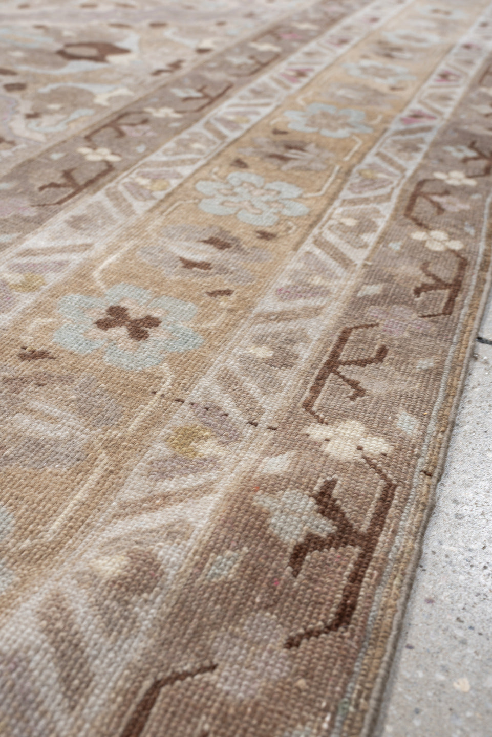 4' x 6' one-of-a-kind handmade antique Sivas rug. Color palette: ivory, taupe, camel, pale blue, soft brown, beige, lavender