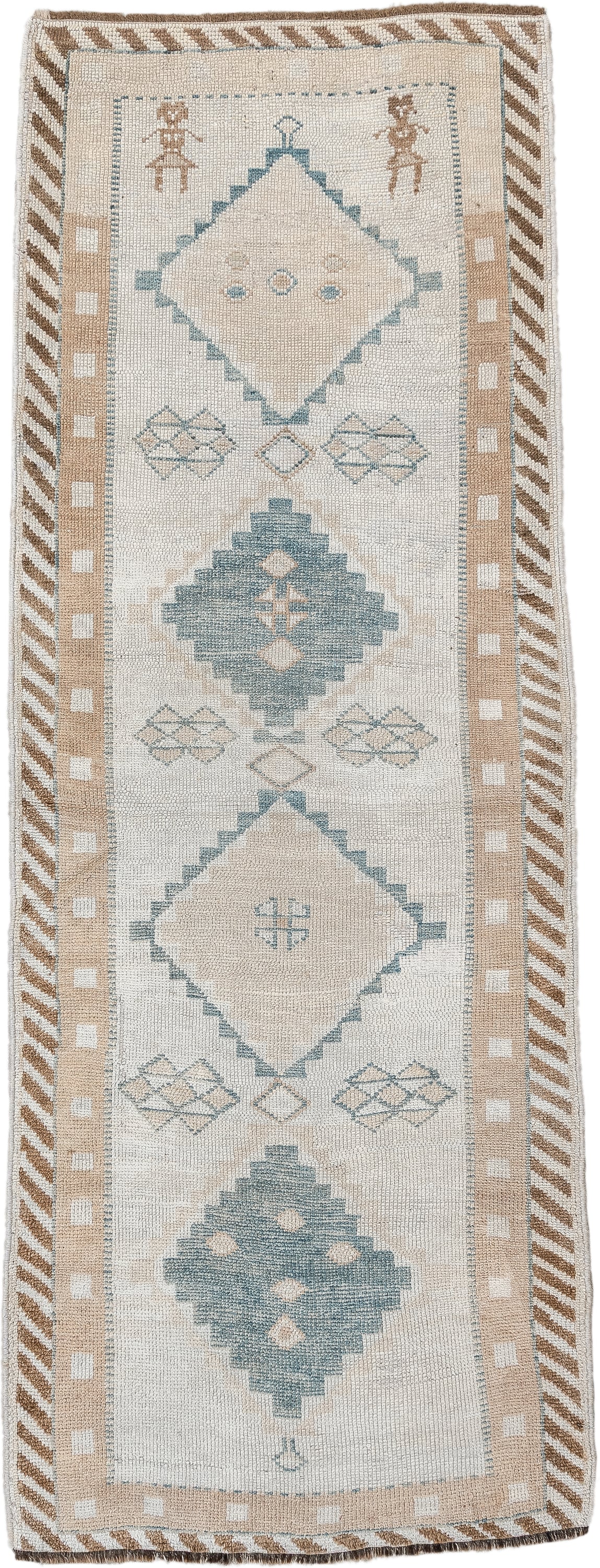 2' x 6' one-of-a-kind handmade antique Gabbe runner rug. Color palette: ivory, pale blue, camel, taupe, beige, light blue
