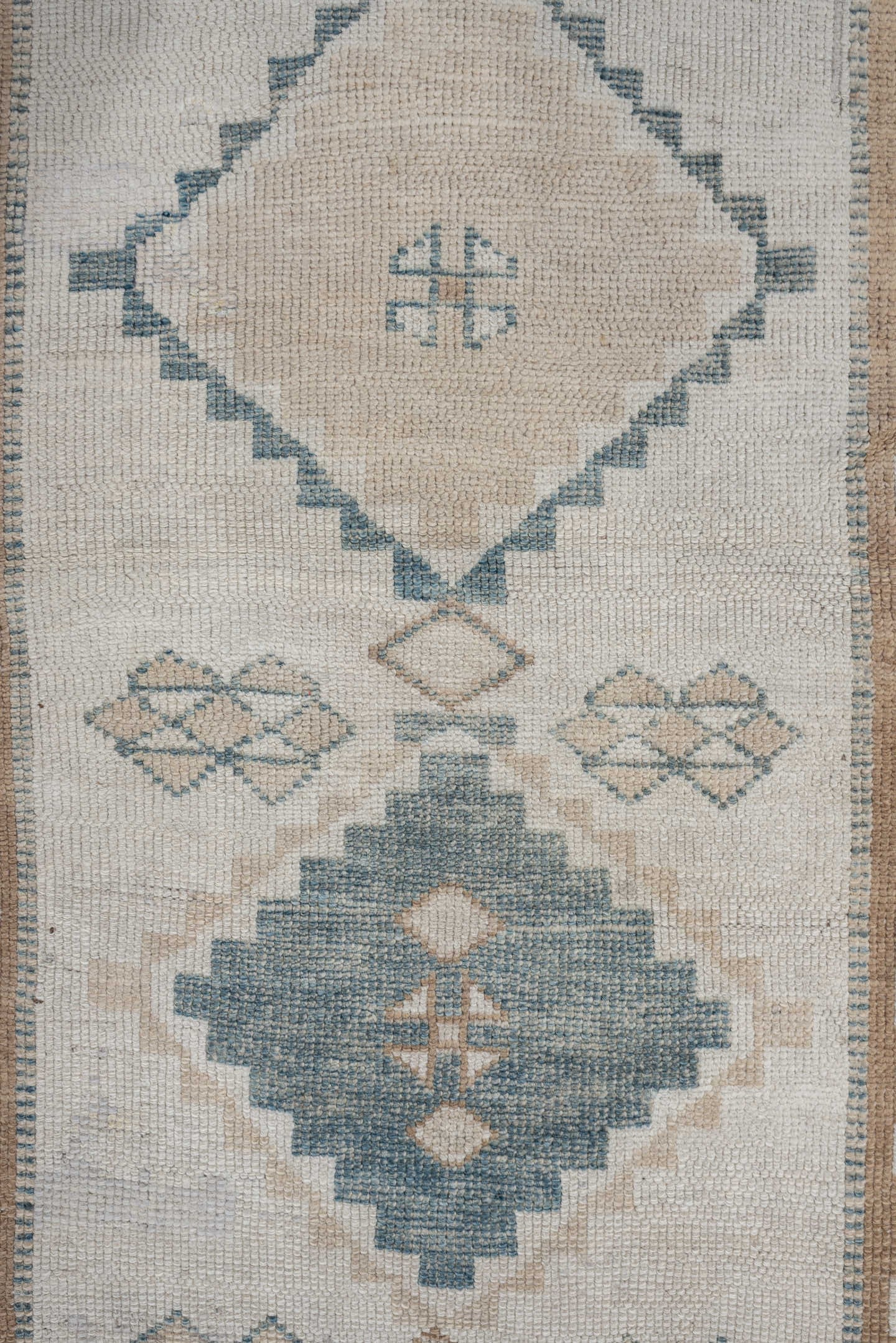 2' x 6' one-of-a-kind handmade antique Gabbe runner rug. Color palette: ivory, pale blue, camel, taupe, beige, light blue