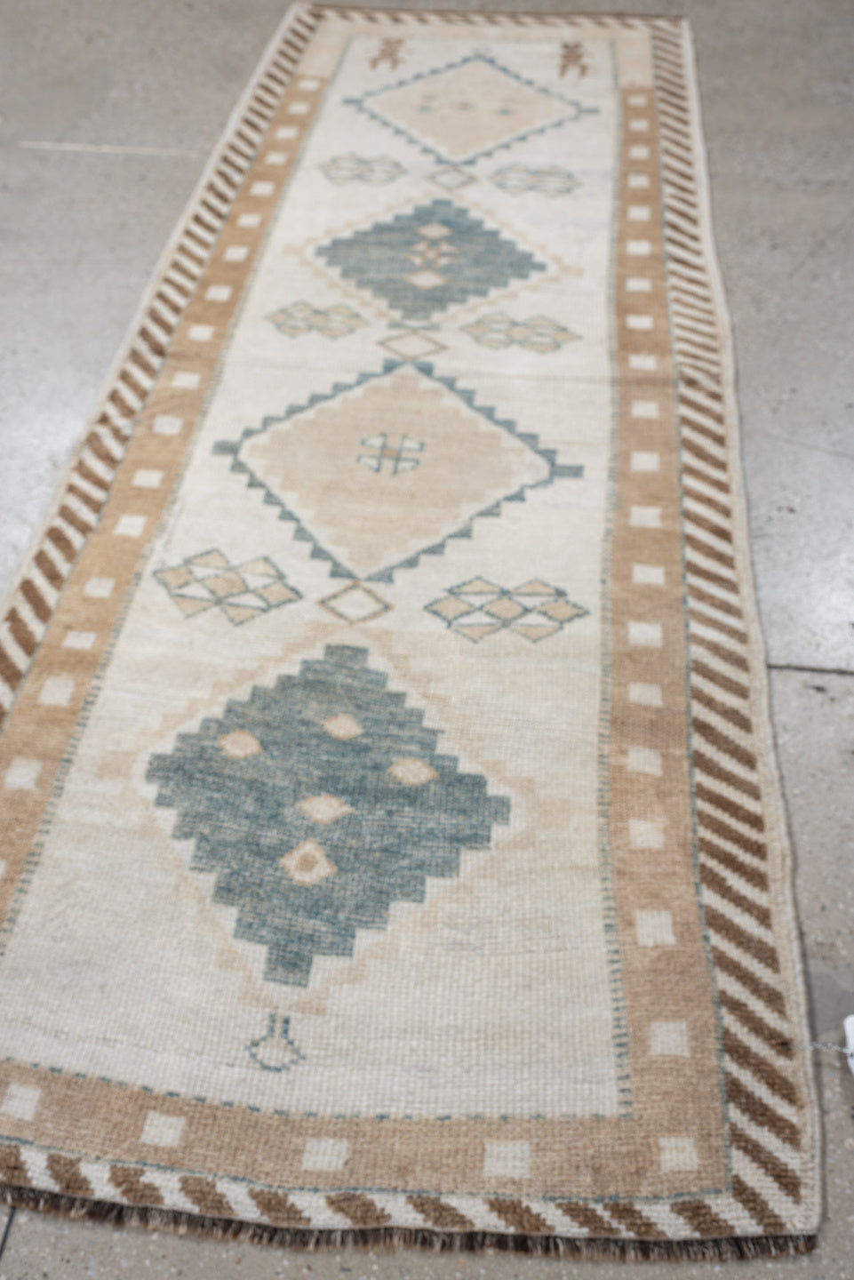 2' x 6' one-of-a-kind handmade antique Gabbe runner rug. Color palette: ivory, pale blue, camel, taupe, beige, light blue