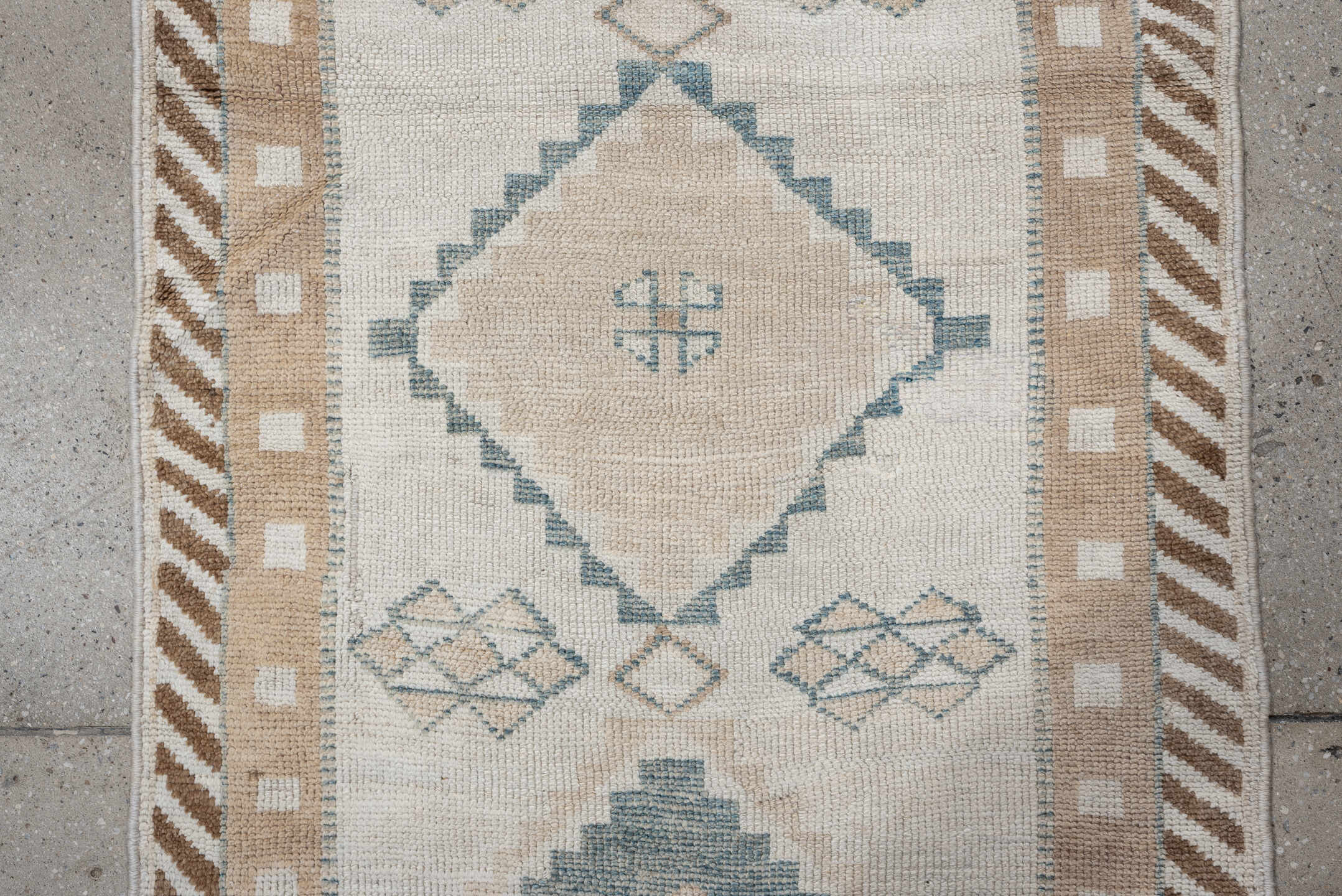 2' x 6' one-of-a-kind handmade antique Gabbe runner rug. Color palette: ivory, pale blue, camel, taupe, beige, light blue