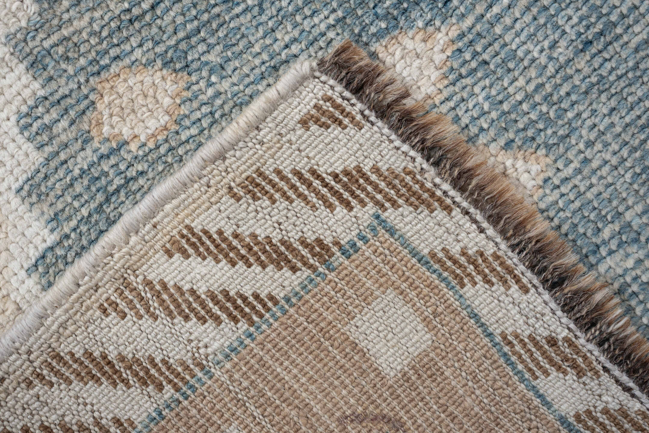 2' x 6' one-of-a-kind handmade antique Gabbe runner rug. Color palette: ivory, pale blue, camel, taupe, beige, light blue