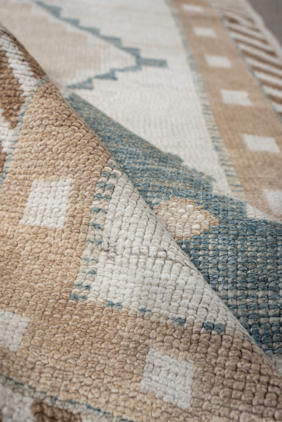 2' x 6' one-of-a-kind handmade antique Gabbe runner rug. Color palette: ivory, pale blue, camel, taupe, beige, light blue