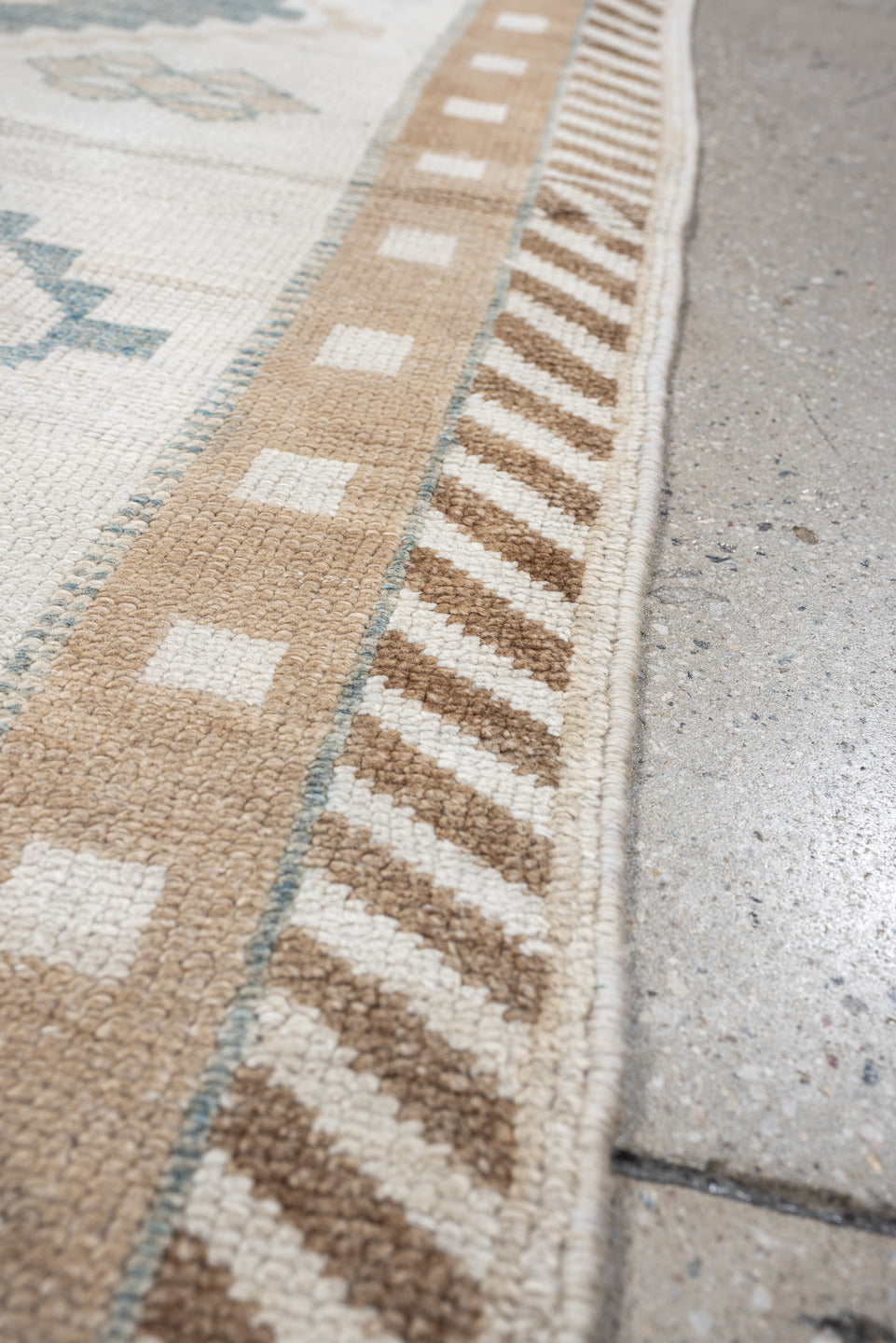 2' x 6' one-of-a-kind handmade antique Gabbe runner rug. Color palette: ivory, pale blue, camel, taupe, beige, light blue