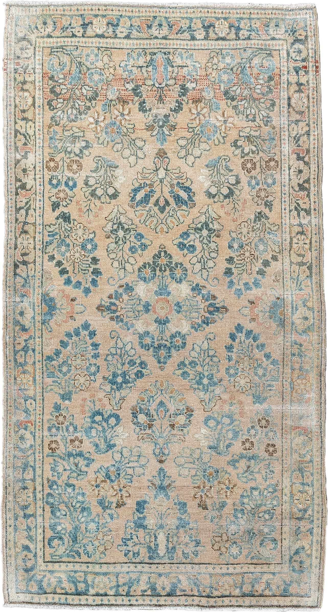 2' x 4' one-of-a-kind handmade antique Sarouk small size rug. Color palette: ivory, sky blue, pale aqua, taupe, blush, camel