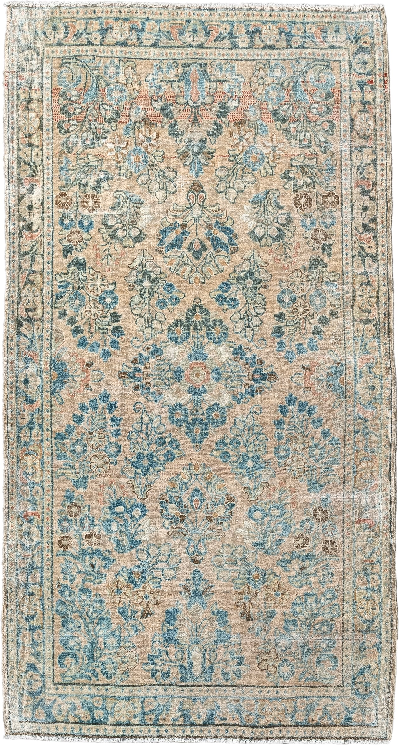 2' x 4' one-of-a-kind handmade antique Sarouk small size rug. Color palette: ivory, sky blue, pale aqua, taupe, blush, camel