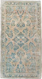 2' x 4' one-of-a-kind handmade antique Sarouk small size rug. Color palette: ivory, sky blue, pale aqua, taupe, blush, camel