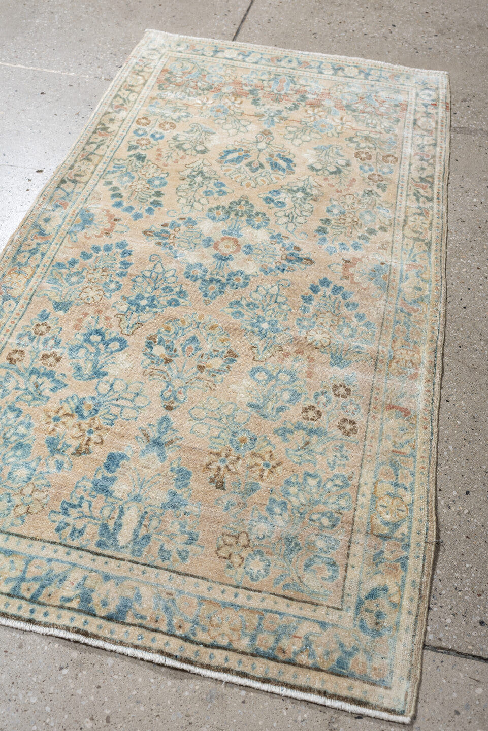2' x 4' one-of-a-kind handmade antique Sarouk small size rug. Color palette: ivory, sky blue, pale aqua, taupe, blush, camel