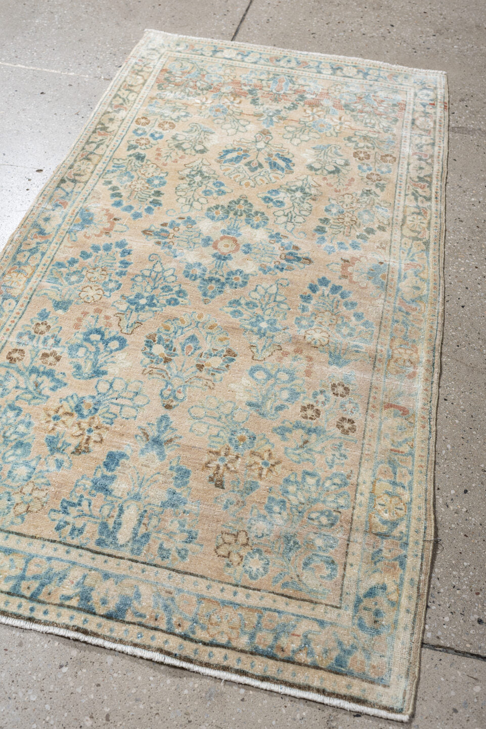 2' x 4' one-of-a-kind handmade antique Sarouk small size rug. Color palette: ivory, sky blue, pale aqua, taupe, blush, camel
