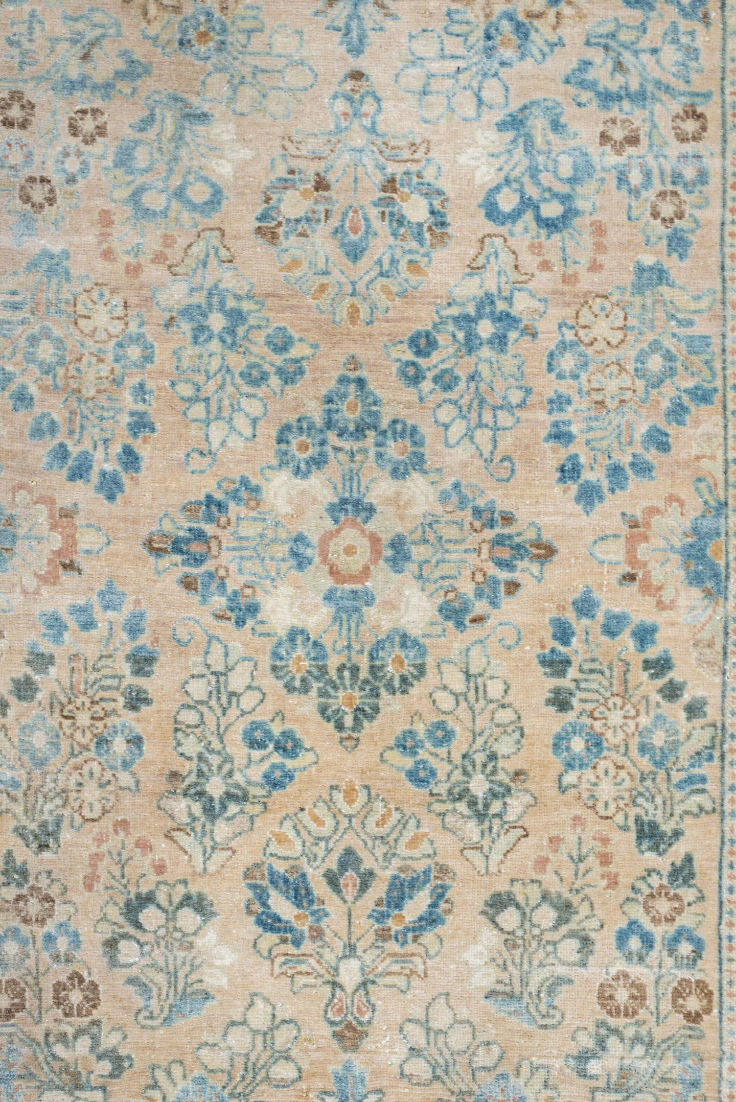 2' x 4' one-of-a-kind handmade antique Sarouk small size rug. Color palette: ivory, sky blue, pale aqua, taupe, blush, camel