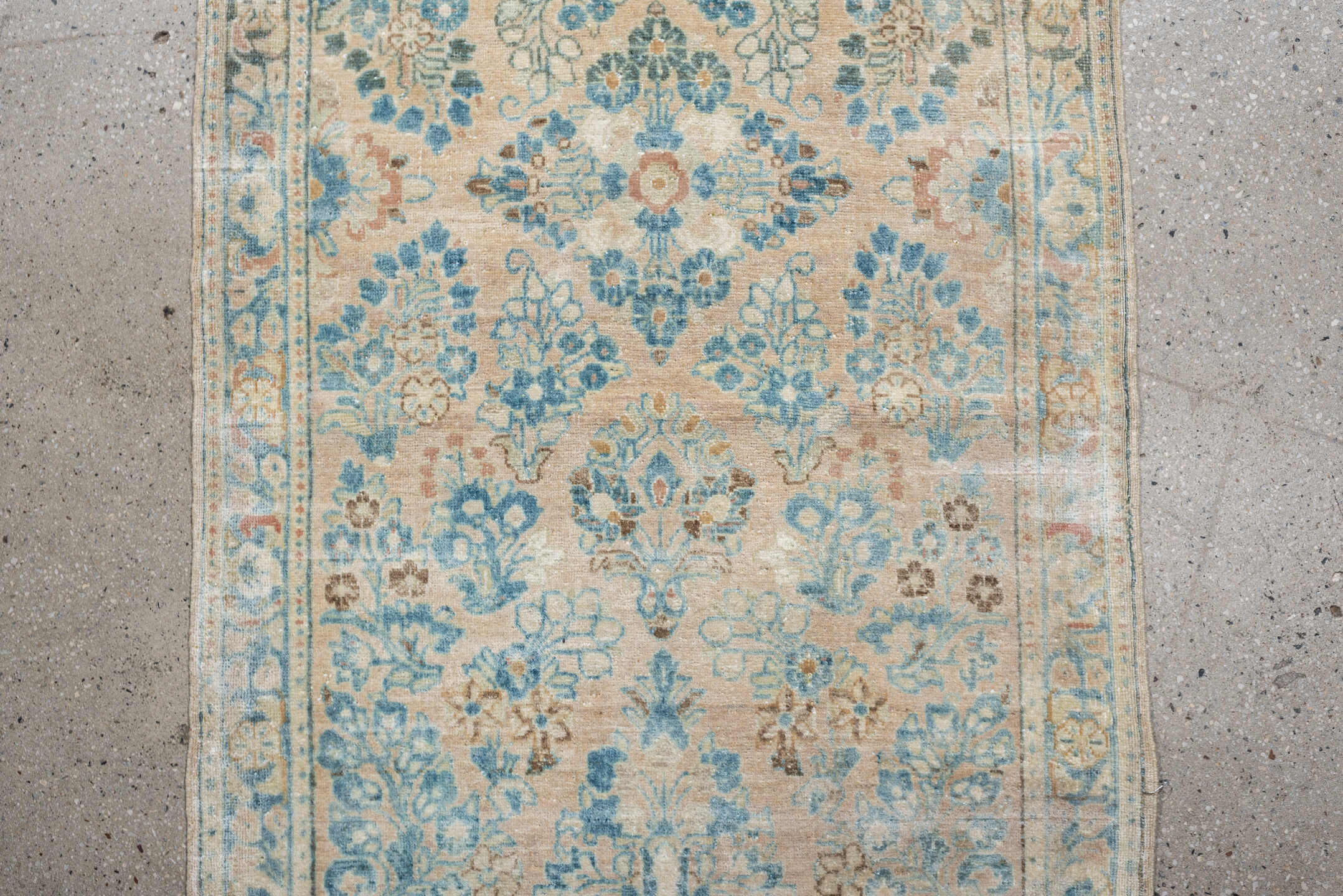 2' x 4' one-of-a-kind handmade antique Sarouk small size rug. Color palette: ivory, sky blue, pale aqua, taupe, blush, camel