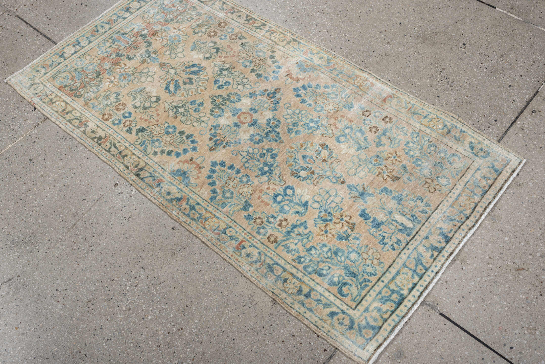 2' x 4' one-of-a-kind handmade antique Sarouk small size rug. Color palette: ivory, sky blue, pale aqua, taupe, blush, camel
