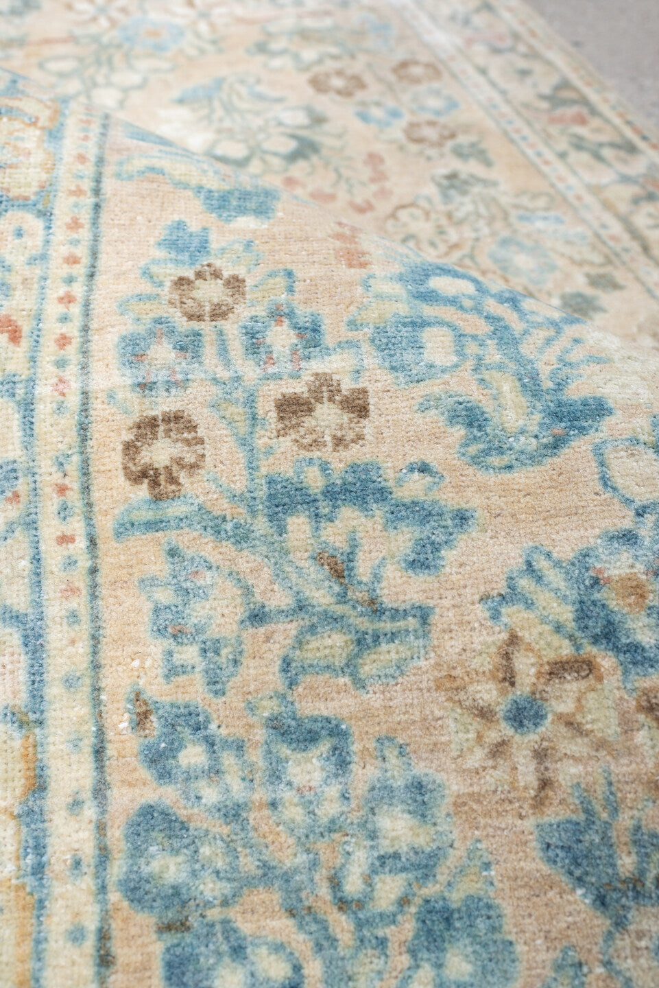 2' x 4' one-of-a-kind handmade antique Sarouk small size rug. Color palette: ivory, sky blue, pale aqua, taupe, blush, camel