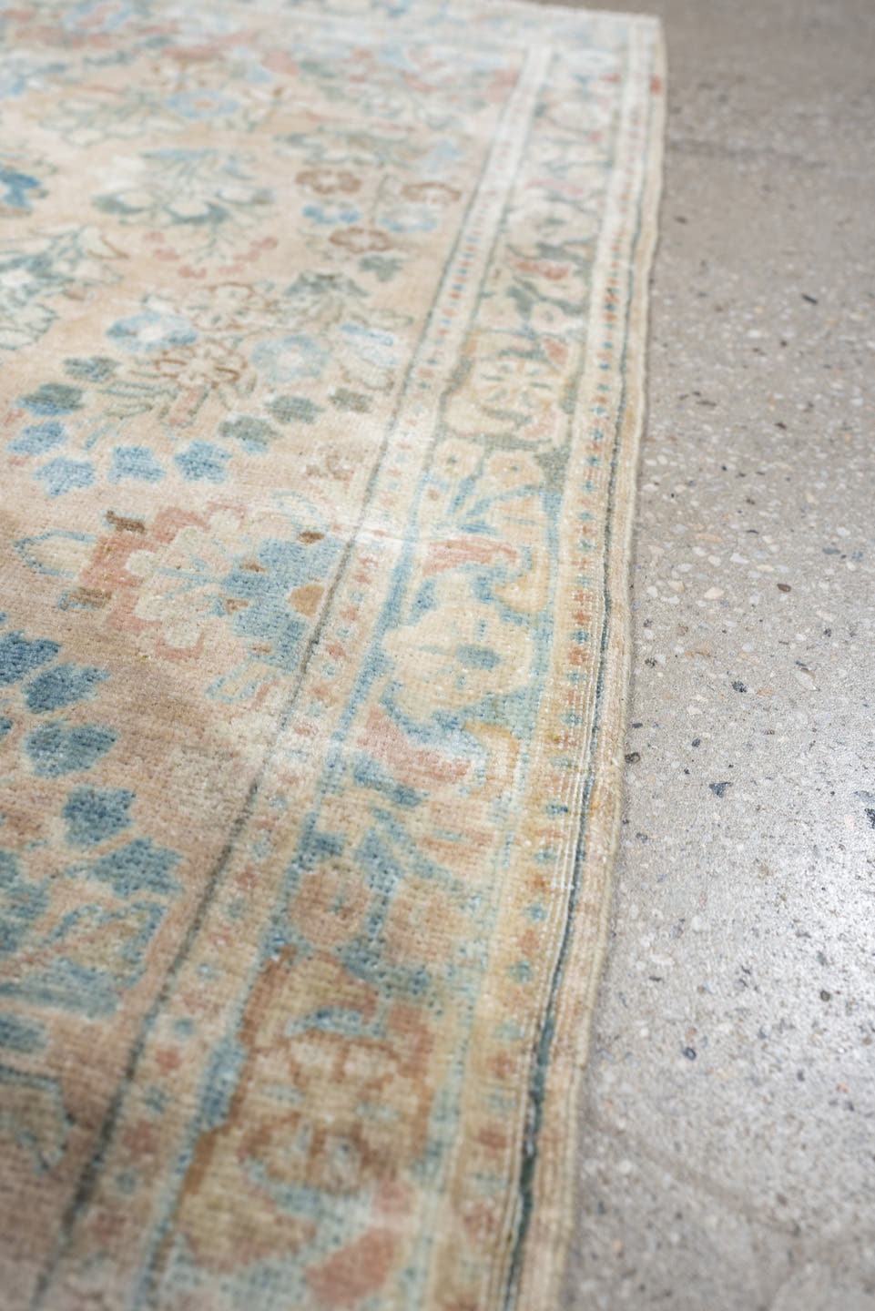 2' x 4' one-of-a-kind handmade antique Sarouk small size rug. Color palette: ivory, sky blue, pale aqua, taupe, blush, camel
