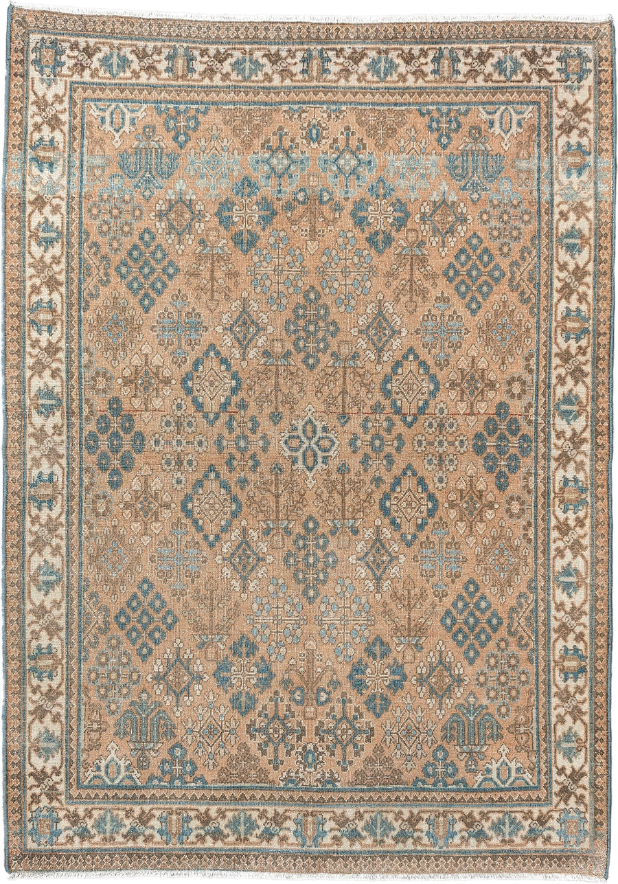 3' x 5' one-of-a-kind handmade vintage Joshegan small size rug. Color palette: camel, sky blue, ivory, taupe, brown, beige